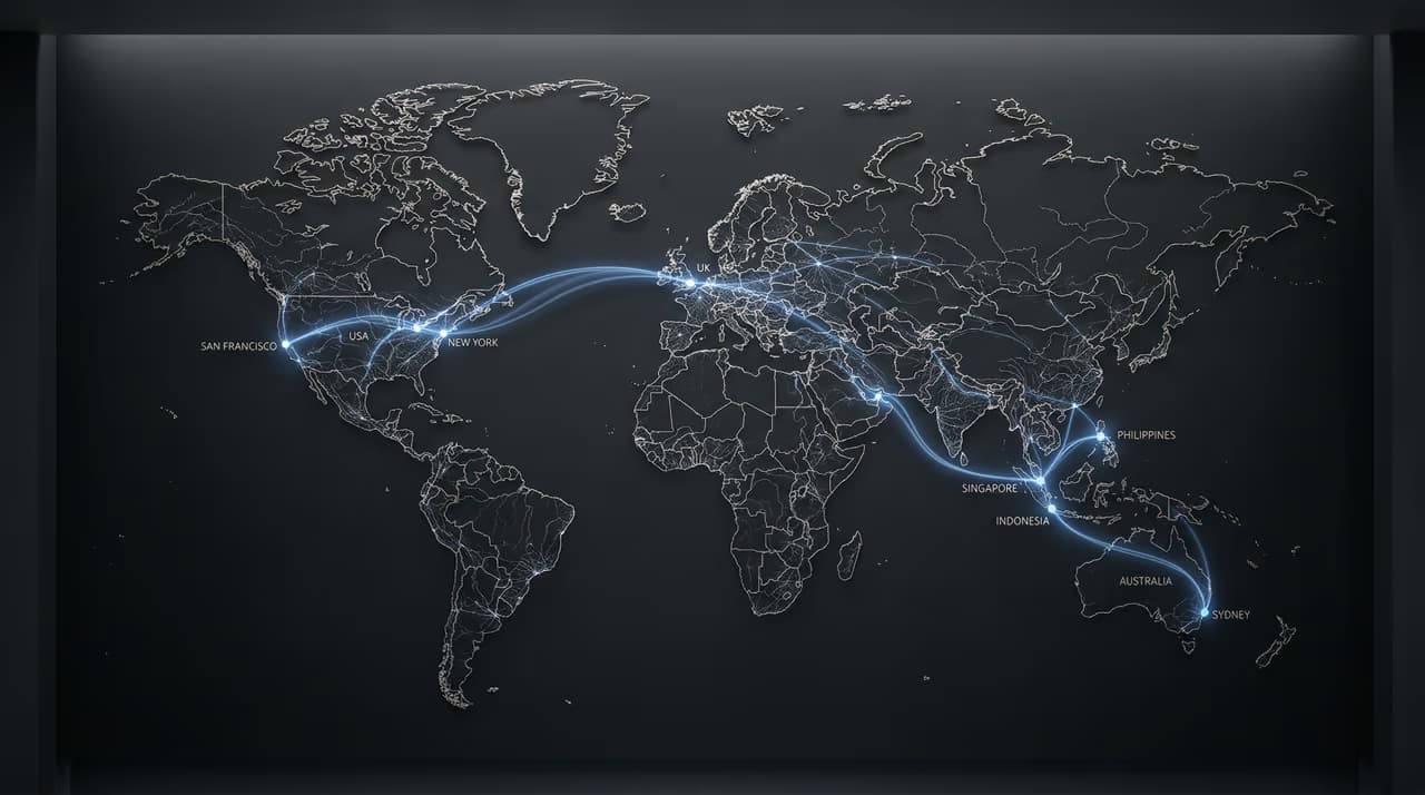 GDV Holdings global operating corridor — six markets across Philippines, USA, Australia, UK, Singapore, and Indonesia