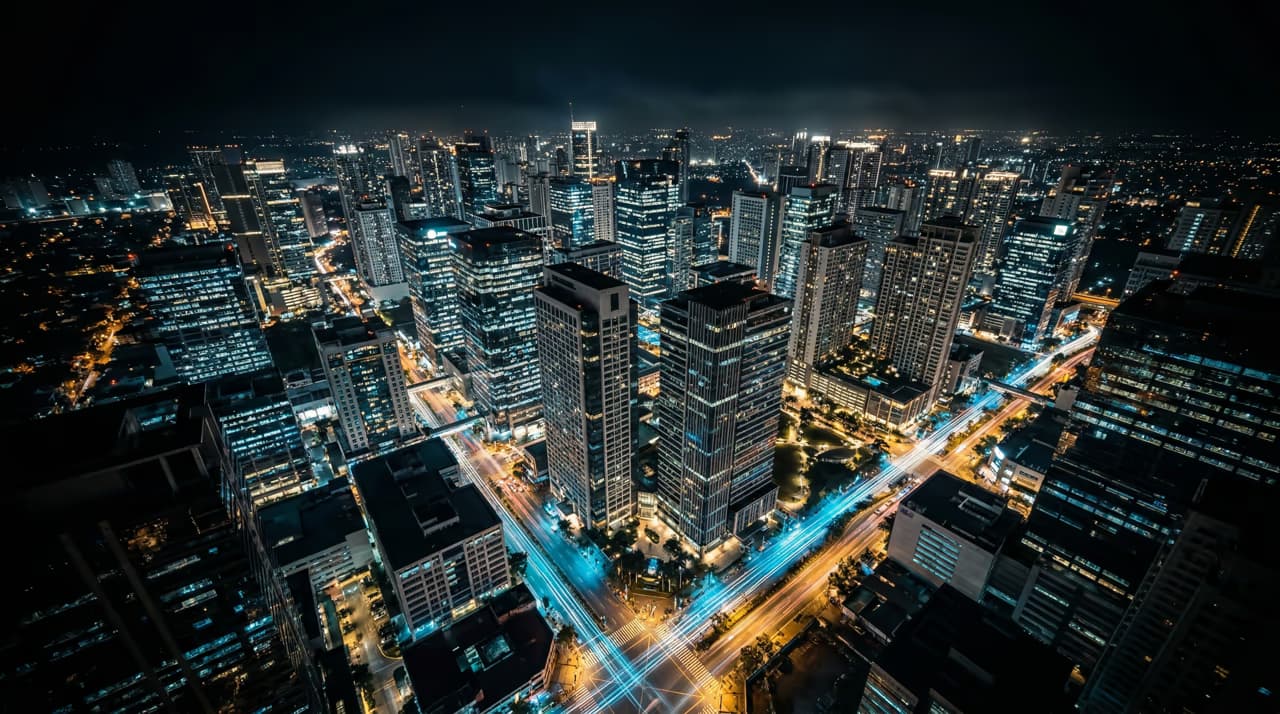 Aerial night view of Bonifacio Global City — GDV Holdings' primary operating market